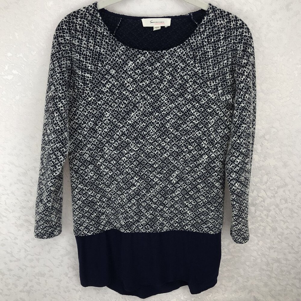 Two by Vince Camuto Navy Blue and White Layered-Look Long Sleeve Tunic Top